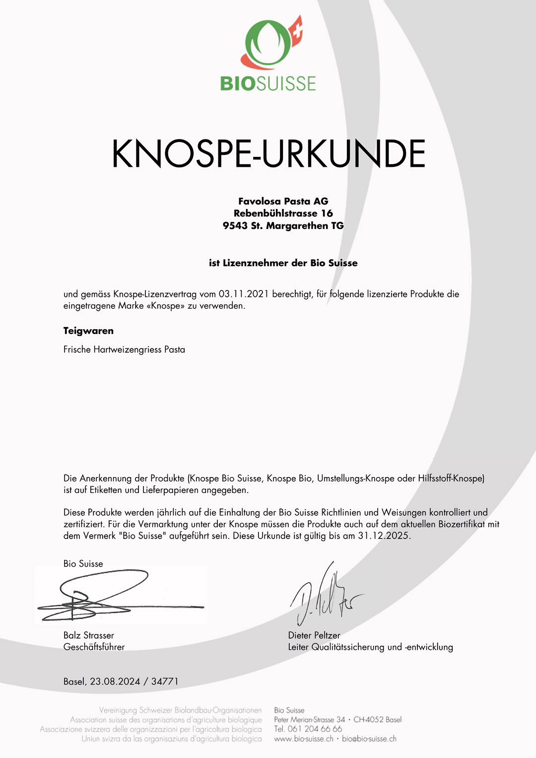 Bio Suisse KNOSPE-URKUNDE Favolosa Frische Pasta