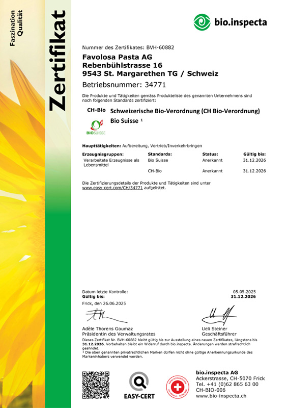 Favolosa Frische Pasta - Bio-Zertifizierung von bio.inspecta AG