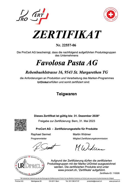 Favolosa Frische Pasta AG - Frische Pasta UrDinkel Zertifikat